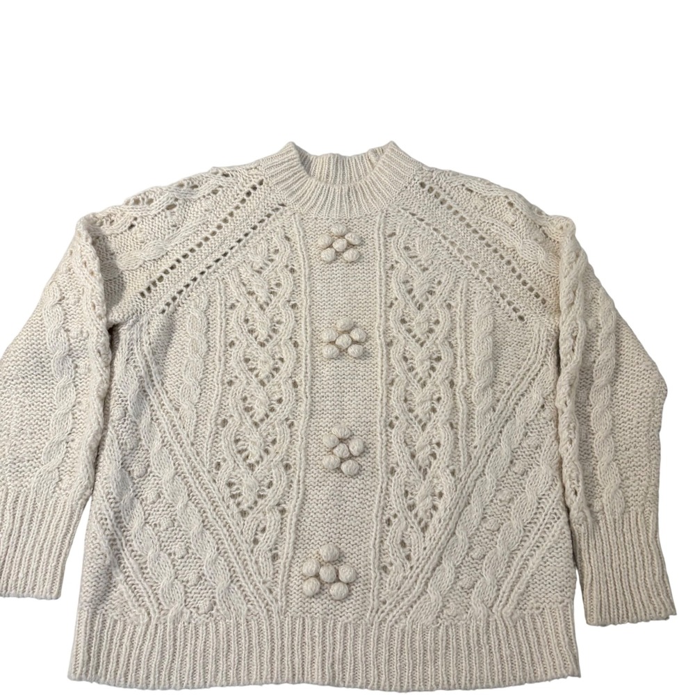 J.Crew Alpaca Blend Cable Knit Popcorn Sweater Ivory Cream S Fisherman Classic